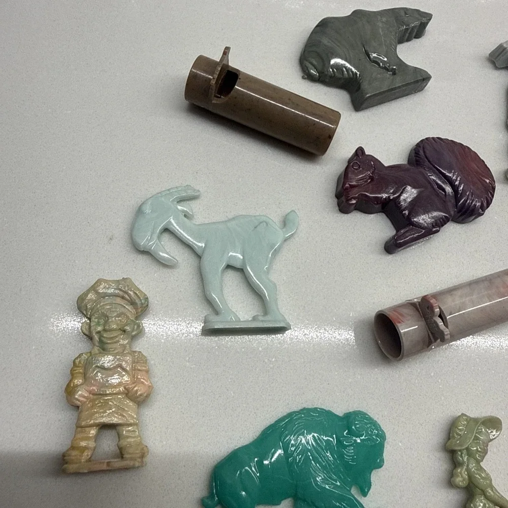 Early Vintage Cracker Jack Prize Charms Lot Whistles Figures Animals 1940s–60s